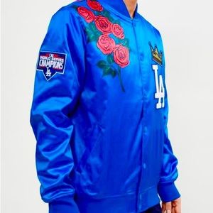 Brilliant Dodger Blue satin jacket. Everything sewn on including the roses.